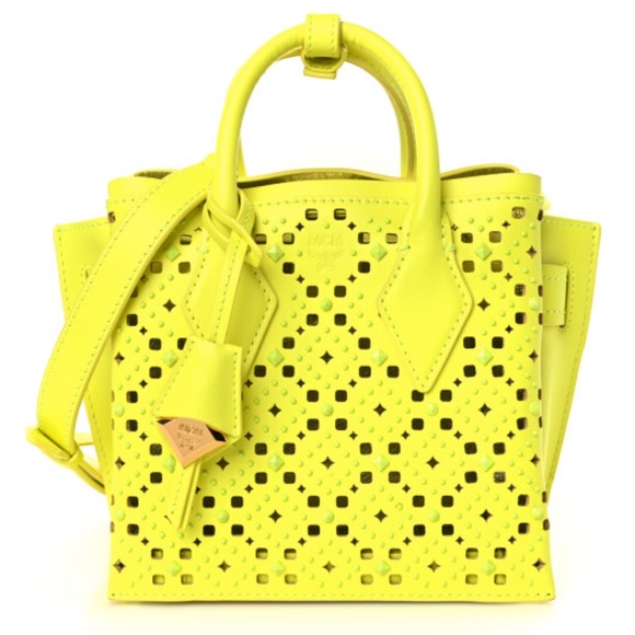 NWT MCM Studded Calfskin Mini Milla Tote - Neon Yellow - Picture 1 of 16